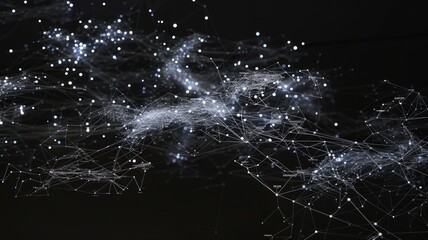 holographic node networks resembling constellations, set against a backdrop of glowing white ink on black, financial data in a futuristic and visually captivating way.