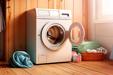 Washing machine with opened lid placed next to window. Scene of home laundry corner completed with washing basket and laundry facilities