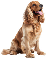 A sitting happy brown cocker spaniel dog isolated on a white background
