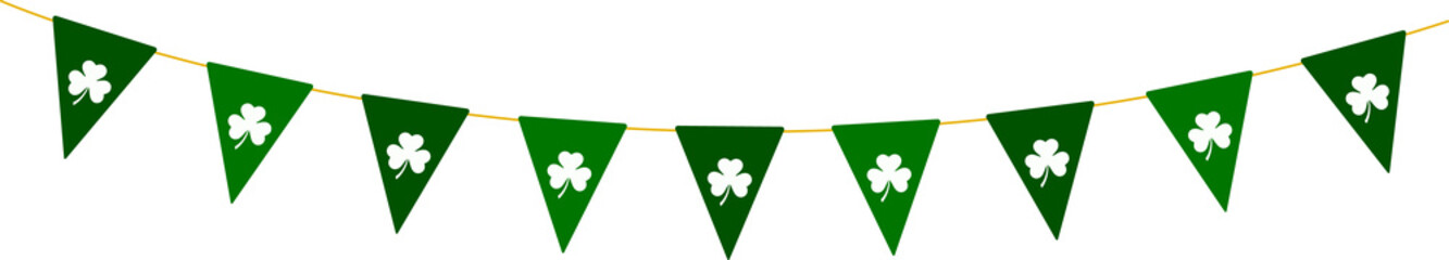 St Patricks Day green bunting pennants with clover leaves, Irish holiday garland, panoramic decorative element