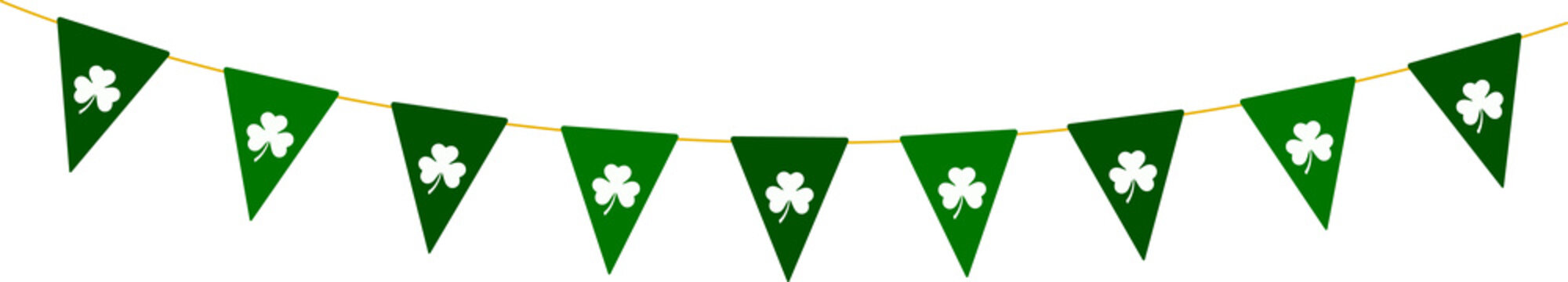 St Patricks Day green bunting pennants with clover leaves, Irish holiday garland, panoramic decorative element