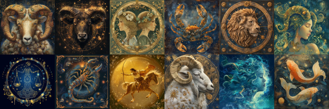 Astrological zodiac signs. Aries, taurus, leo and gemini horoscope, virgo, scorpio, libra, aquarius zodiac, sagittarius, pisces, capricorn, cancer  - Powered by Adobe
