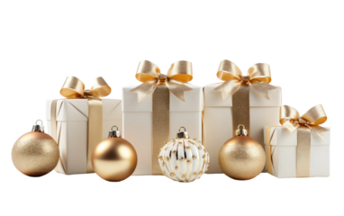A Group of Christmas Presents With Bows and Ornaments. Several holiday gifts wrapped in colorful paper and adorned with festive bows and ornaments.