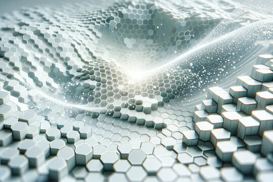 depict a futuristic white hexagon (honeycomb) background with a wave of particles, designed with a high-tech and minimalistic aesthetic suitable for advanced technology and science fiction themes.