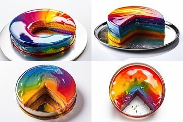 Rainbow Colored Cake, Color Round Glazed Dessert, Shining Fruit Cakes, Abstract Generative AI Illustration