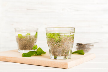 Healthy breakfast or morning with chia seeds and mint on table background, vegetarian food, diet and health concept. Chia pudding with and mint