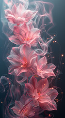 A mesmerizing digital artwork featuring radiant pink flowers amidst ethereal wisps of light, perfect for a captivating smartphone wallpaper or elegant design.