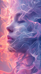 A girl face in a dynamic blend of neon lights in pink and blue hues swirling on an abstract background. Ideal for smartphone wallpapers or creative design projects.