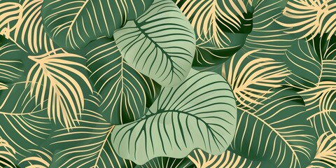Fototapeta na wymiar Luxury Nature green background vector. Floral pattern, Golden split-leaf Philodendron plant with monstera plant line arts 