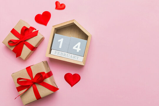 Valentine Day theme with wooden block calendar. Greeting card template for Valentines Day copy space for text