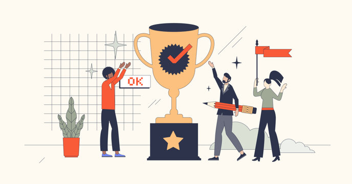 Employee recognition and motivational bonuses retro tiny person concept. Successful business reward or victory after staff challenges vector illustration. Personnel job performance competition.