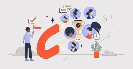 Employee retention strategies for loyal work team retro tiny person concept. Human resources campaign for personnel and staff motivation factors vector illustration. Personal benefits as magnet.