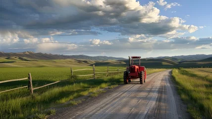 Fotobehang a green tractor winding its way down a country road as the sun sets in the distance. © lililia