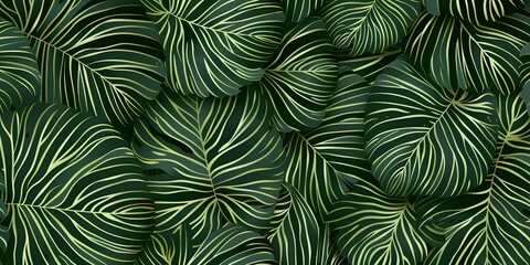 Luxury Nature green background vector. Floral pattern, Golden split-leaf Philodendron plant with monstera plant line arts
