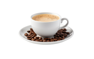 A Cup of Coffee on a Saucer Surrounded by Coffee Beans. A cup of coffee sitting on a saucer with a background of coffee beans.