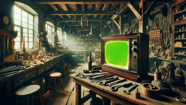 TV with green screen and neon beam on the background of the workshop.