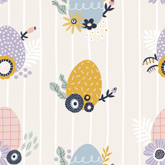 Easter seamless pattern with eggs, flowers and branches. Perfect for wallpaper, textile, wrapping paper, greeting cards - 735892505