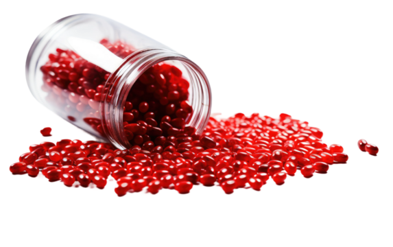 Glass Jar Filled With Abundant Red Beads. A glass jar overflowing with numerous red beads creating a vibrant and visually striking display.
