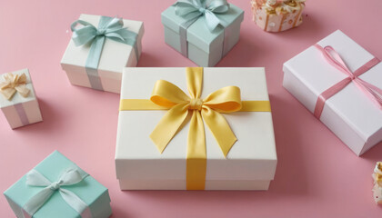 Gifts on Pink Background. A collection of gift boxes with ribbons surround on a pink background. The concept Valentine’s Day or birthday