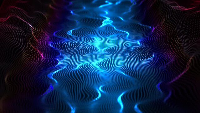 Three-dimensional waves of information in virtual reality. Abstract concept of sound waves, blockchain technology and digital data flow. Motion of bright dotted lines on wavy surface, 4K looped video