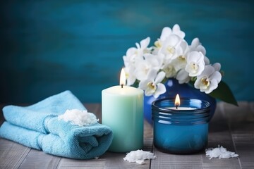 Obraz na płótnie Canvas Spa Treatments on Blue Wooden Table Background, Massage Salon Mockup, Generative AI Illustration