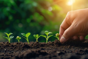 A human hand plants a green sprout against a background of planted green shoots. Close-up. person planting a plant