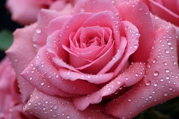 Close-up of a pink rose with fresh dew drops on petals