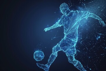 Dynamic wireframe model of a soccer player kicking a ball - obrazy, fototapety, plakaty