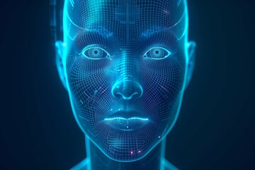 Blue wireframe digital illustration of a human face