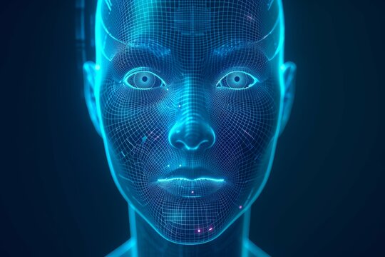 Blue wireframe digital illustration of a human face