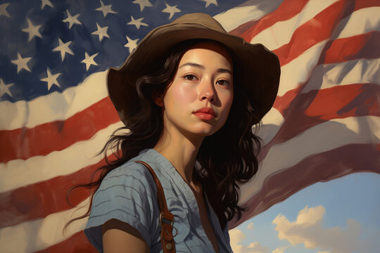 vintage painting of asian american young woman wearing hat in front of usa flag: the face of america