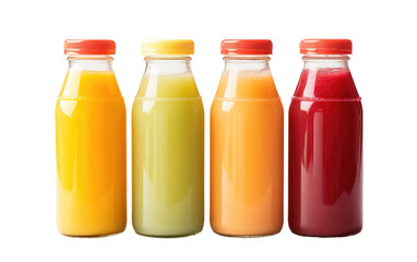 Three Bottles of Juice Aligned in a Row. Three bottles of juice arranged in a straight line on a surface.