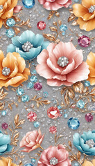 Flowers-in-the-style-of-watercolor-art-luxurious-floral elements botanical background Seamless vintage platinum silver bronze metallic floral pattern with colorful shiny brilliant jewelry. 