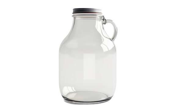 Glass Jug With Metal Lid. A clear glass jug with a shiny metal lid sits on a wooden table.