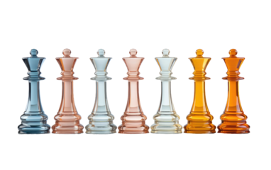 Glass Chess Pieces Set. A photo showcasing a complete set of chess pieces, made of glass, on a clean and minimalistic Transparent background.