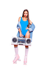 Old-school people person glamour leisure lifestyle concept. Vertical full length size studio photo...