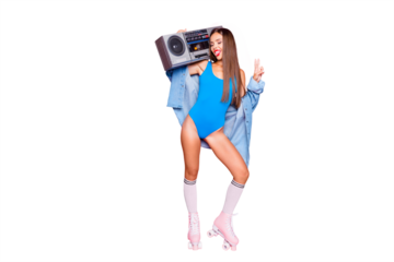Party mood! Full-size portrait of beautiful brunette girl on roller skates with a boombox showing v-sign and laughing isolated on bright pink background