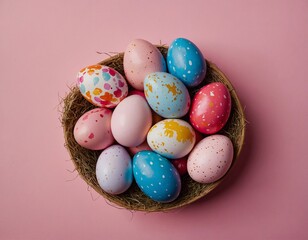 Fototapeta na wymiar above shot of colourful painted easter eggs