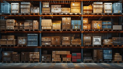 Packets of goods waiting for transportation in the empty warehouse. Products cardboard boxes on high shelves in the warehouse of the shop distribution department.