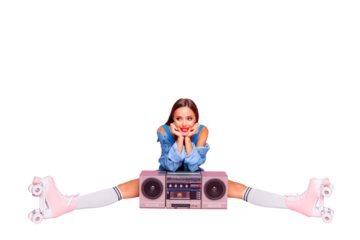 Full length size portrait photo of attractive cheerful cute lovely funny funky fancy lazy leaning on boom box sitting on floor isolated vivid bright background