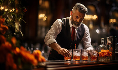 Bartender Mixing Drinks at a Bar - Bar or Cocktail Event