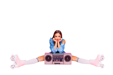 Full-size photo of excited beautiful lovely girl sitting on twine in rollers with a boombox isolated on pink vivid background