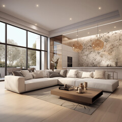 Luxury living room with patterned wallpaper on the walls, a large white sectional couch and beautiful light wood floors