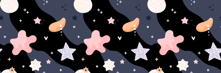 Bohemian baby pattern. Seamless baby pattern in boho style. Bohemian pattern for kids with organic shapes and stars on blue background.