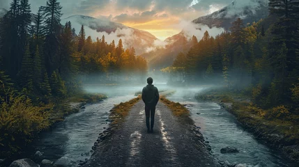 Tuinposter making a choice on eman stand in a cross deep forest road both paths with hesitation One path will lead him to challenge and progress, the other to safety and comfort finally reaching the end © VERTEX SPACE