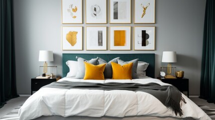 modern contemporary room interior backdrop house bedroom interior with vibrant color design decoreating with wooden frame photo artwork on feature headboard wall home design ideas concept