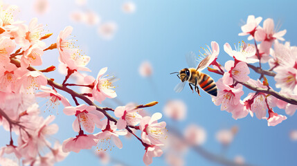 Blossom tree branch. Sweet little bees flying.