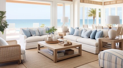 Fototapeta na wymiar beautiful small space casual living family room soft neutral wood beams and a gorgeous grouping of swivel color fabric chairs around a striking coffee table coastal design nature freshness home