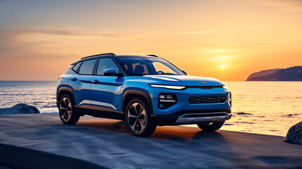 Blue compact SUV car with sport and modern design. - obrazy, fototapety, plakaty