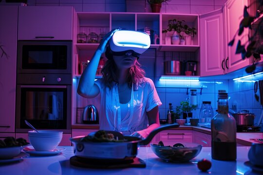 kitchen at night. A person is cooking, wearing a VR headset. The headset is projecting a virtual cookbook. The person is following the instructions and making a delicious meal.vr technology at home